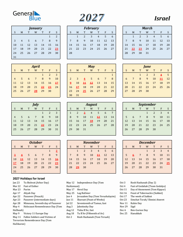 Israel Calendar 2027 with Sunday Start