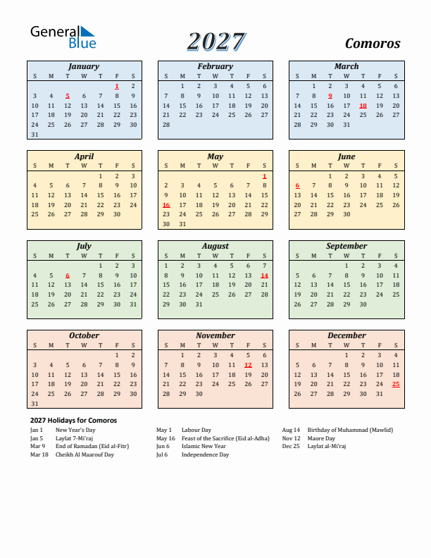 Comoros Calendar 2027 with Sunday Start
