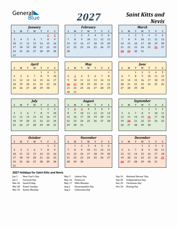 Saint Kitts and Nevis Calendar 2027 with Sunday Start