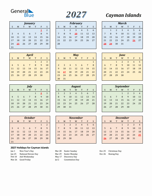 Cayman Islands Calendar 2027 with Sunday Start