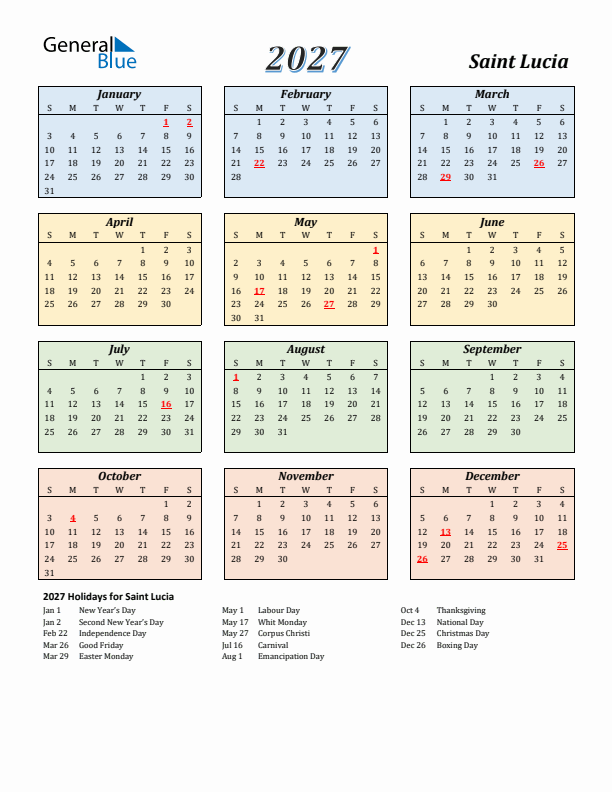 Saint Lucia Calendar 2027 with Sunday Start
