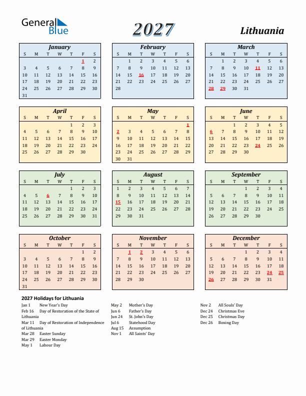 Lithuania Calendar 2027 with Sunday Start