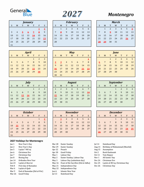 Montenegro Calendar 2027 with Sunday Start