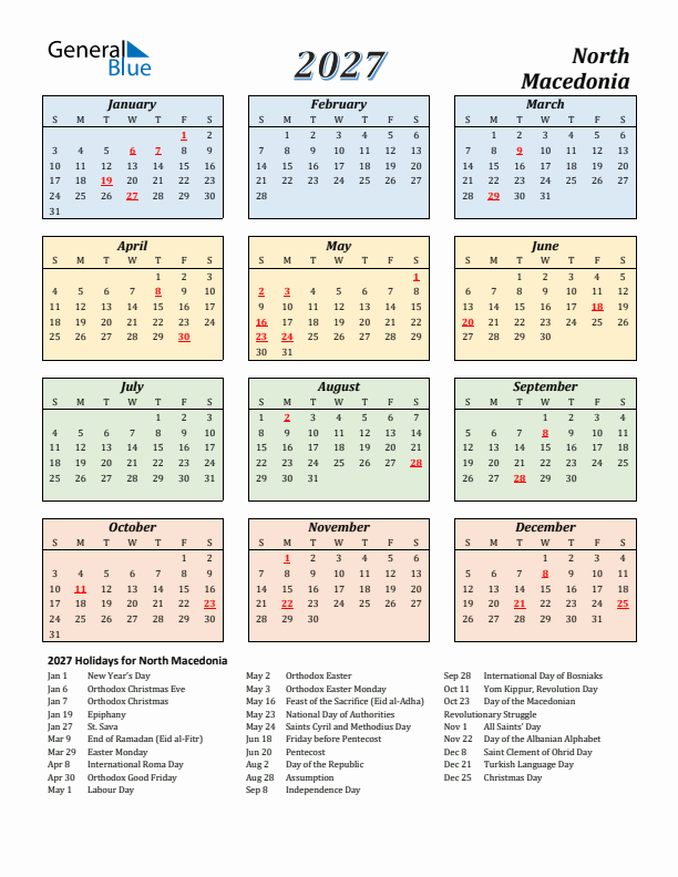North Macedonia Calendar 2027 with Sunday Start