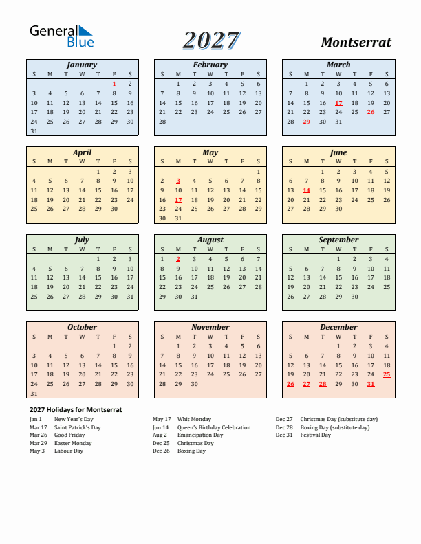 Montserrat Calendar 2027 with Sunday Start
