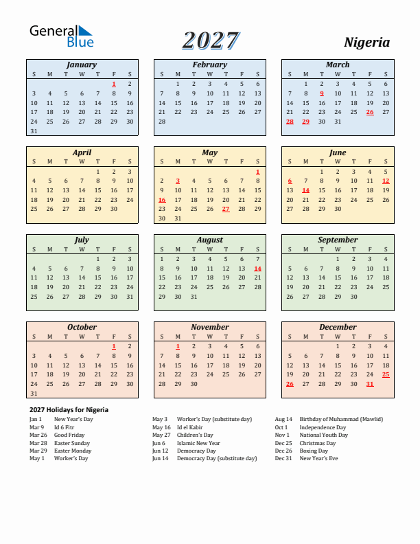 Nigeria Calendar 2027 with Sunday Start