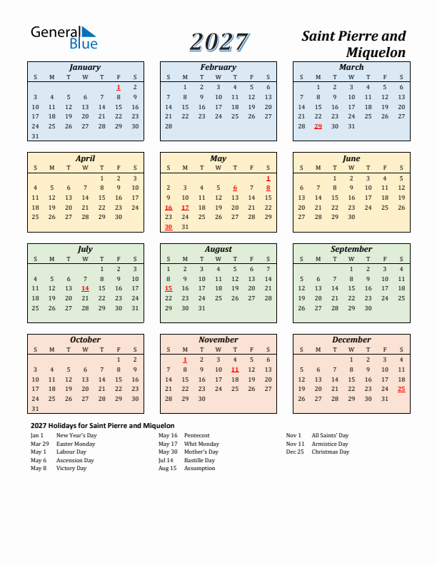 Saint Pierre and Miquelon Calendar 2027 with Sunday Start