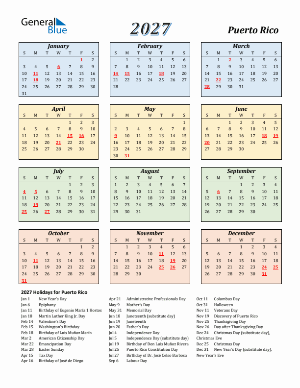 Puerto Rico Calendar 2027 with Sunday Start