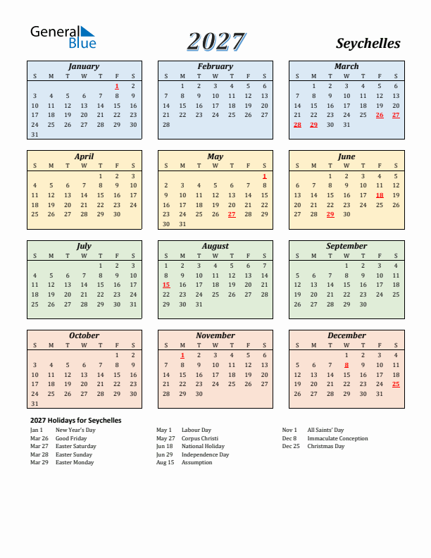 Seychelles Calendar 2027 with Sunday Start