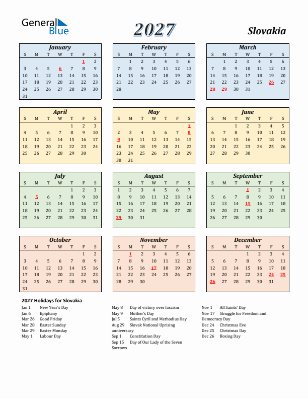 Slovakia Calendar 2027 with Sunday Start