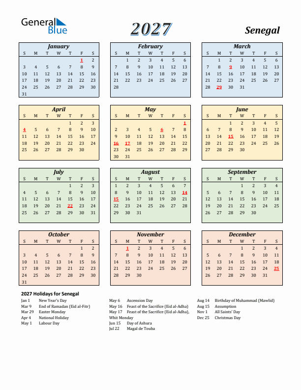 Senegal Calendar 2027 with Sunday Start