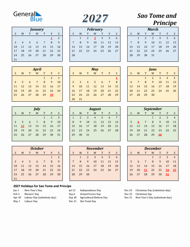 Sao Tome and Principe Calendar 2027 with Sunday Start
