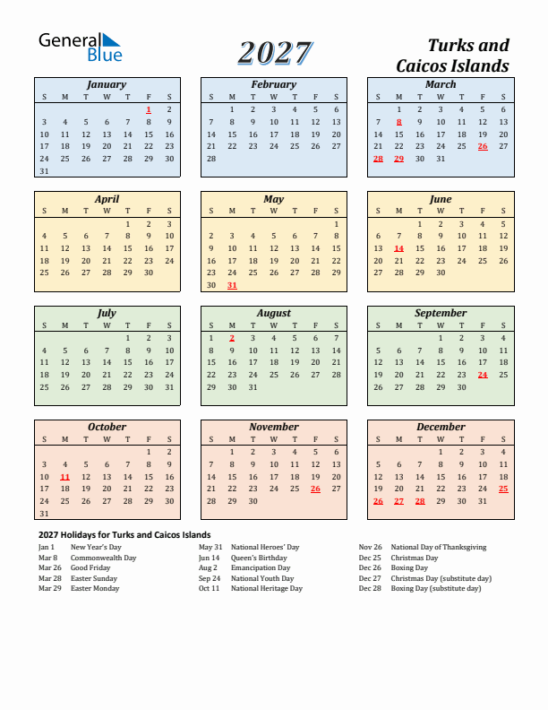 Turks and Caicos Islands Calendar 2027 with Sunday Start