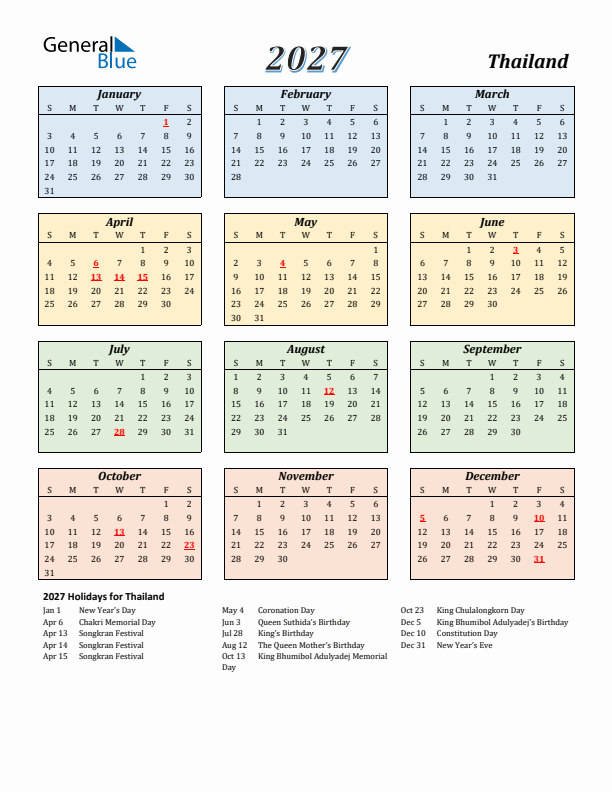 Thailand Calendar 2027 with Sunday Start