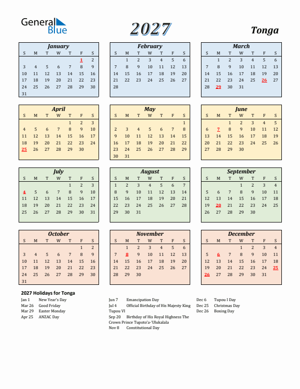 Tonga Calendar 2027 with Sunday Start