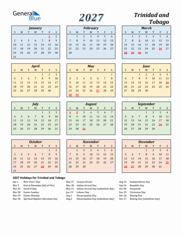 Trinidad and Tobago Calendar 2027 with Sunday Start