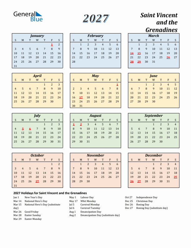 Saint Vincent and the Grenadines Calendar 2027 with Sunday Start