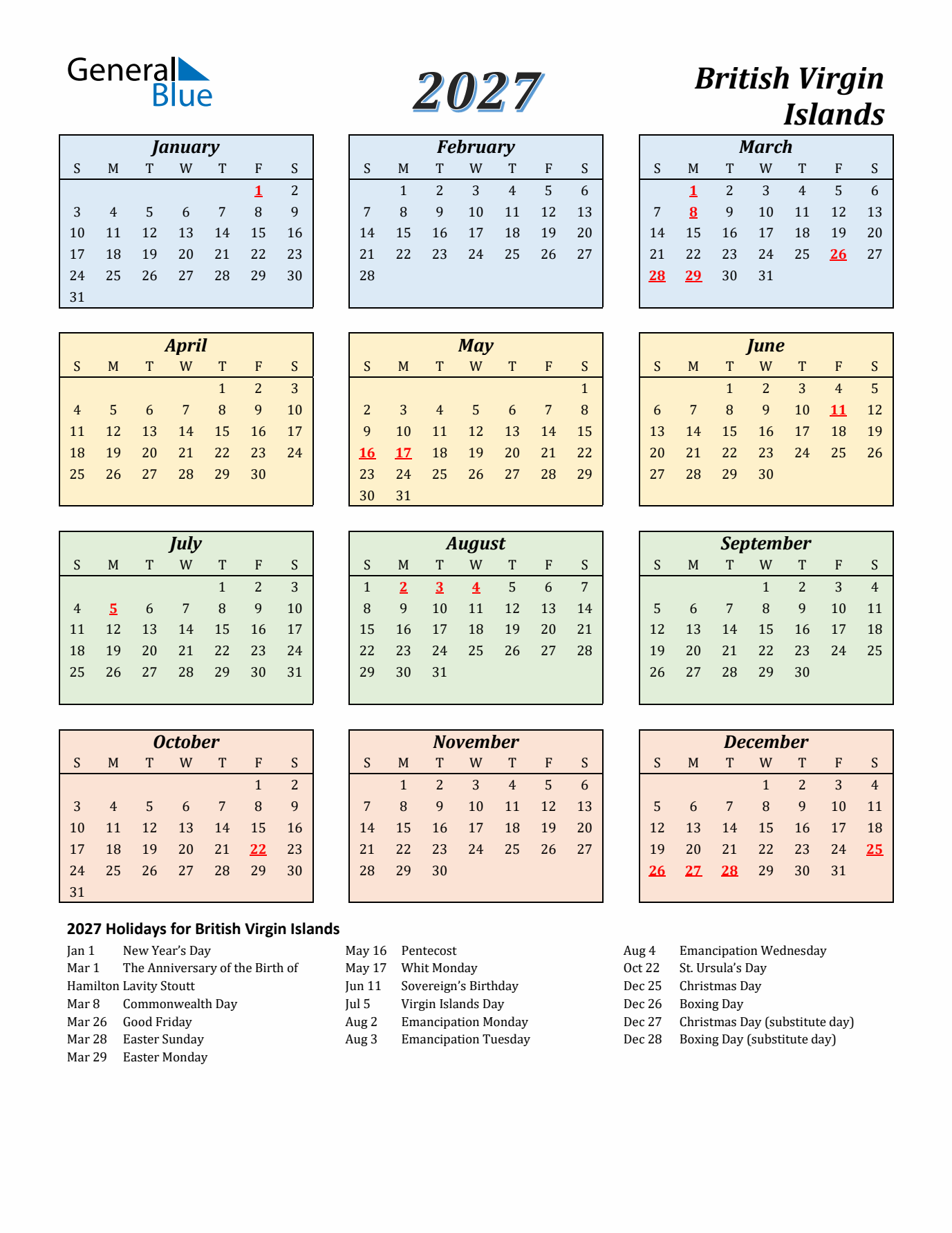 British Virgin Islands Calendar 2027 with Sunday Start