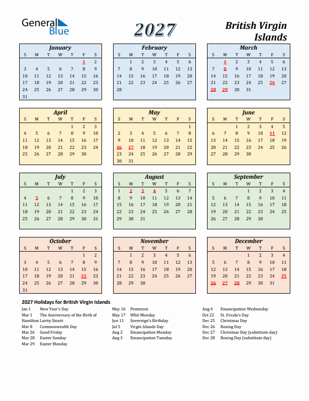 British Virgin Islands Calendar 2027 with Sunday Start