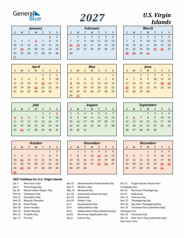U.S. Virgin Islands Calendar 2027 with Sunday Start