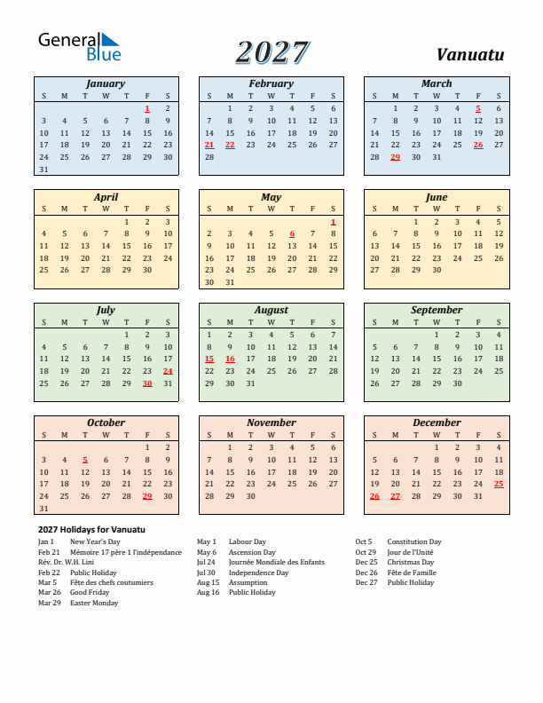 Vanuatu Calendar 2027 with Sunday Start