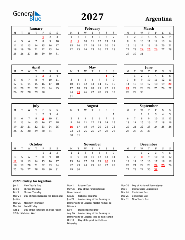 2027 Argentina Holiday Calendar - Monday Start
