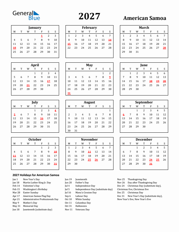 2027 American Samoa Holiday Calendar - Monday Start
