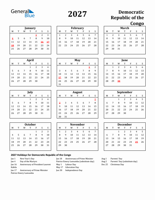 2027 Democratic Republic of the Congo Holiday Calendar - Monday Start