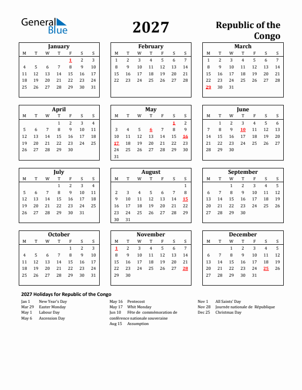 2027 Republic of the Congo Holiday Calendar - Monday Start
