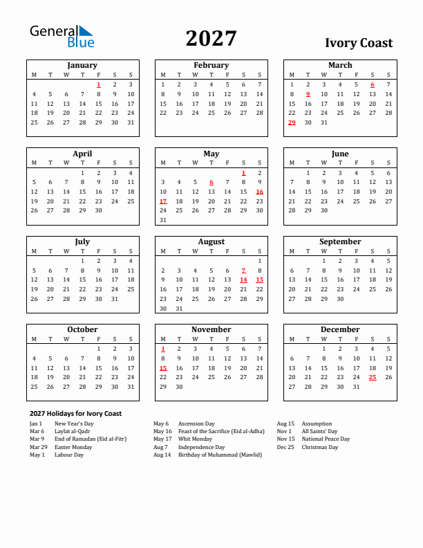 2027 Ivory Coast Holiday Calendar - Monday Start