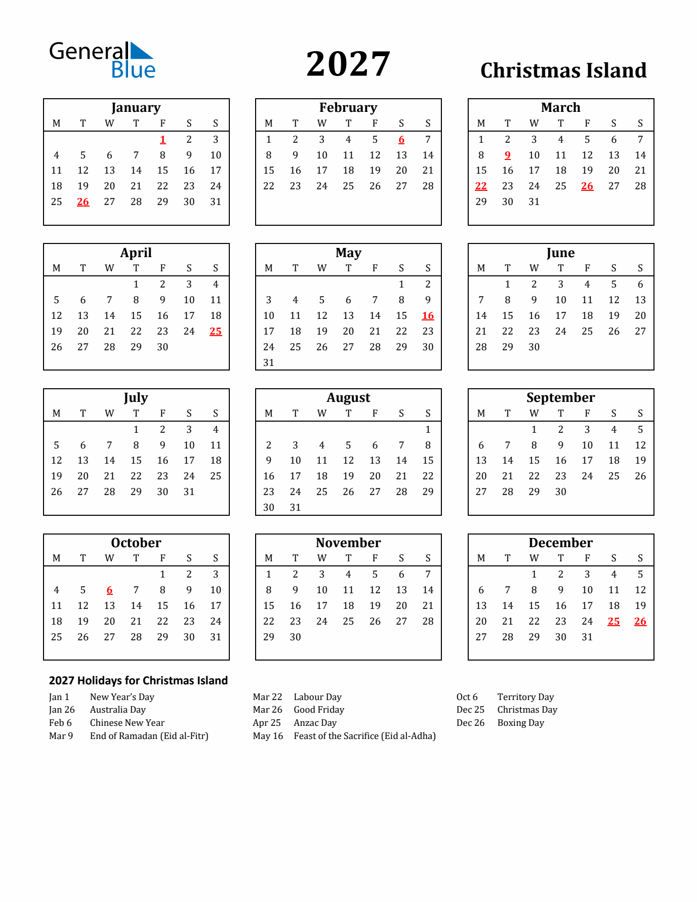 2027 Christmas Island Holiday Calendar - Monday Start