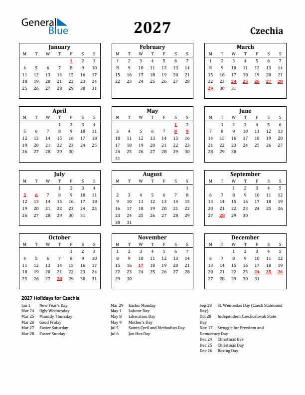 2027 Czechia Holiday Calendar - Monday Start