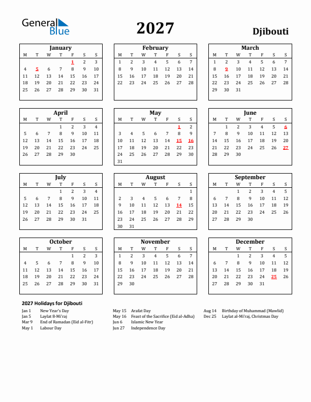 2027 Djibouti Holiday Calendar - Monday Start