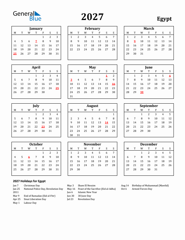 2027 Egypt Holiday Calendar - Monday Start