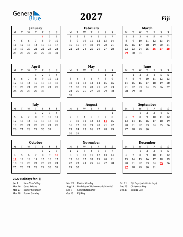 2027 Fiji Holiday Calendar - Monday Start
