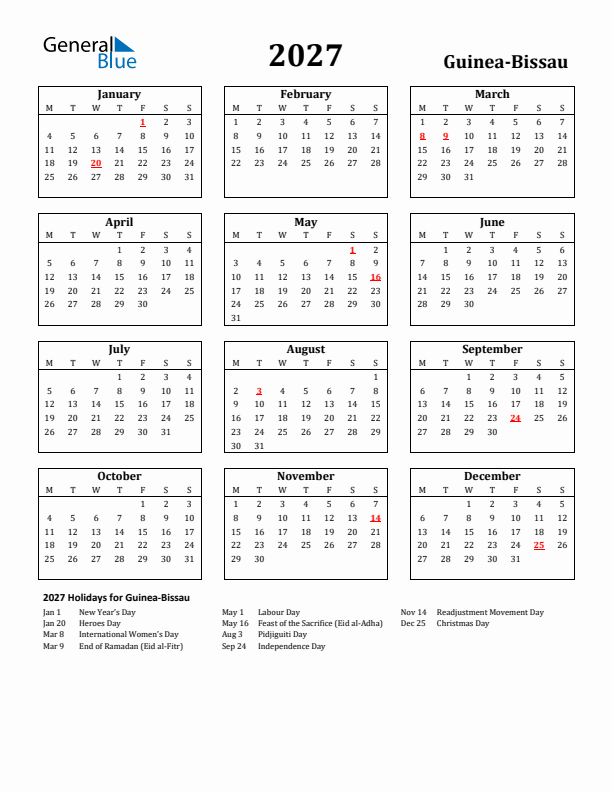 2027 Guinea-Bissau Holiday Calendar - Monday Start