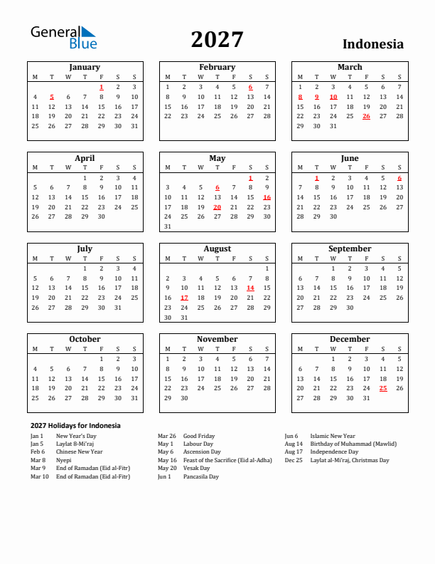 2027 Indonesia Holiday Calendar - Monday Start