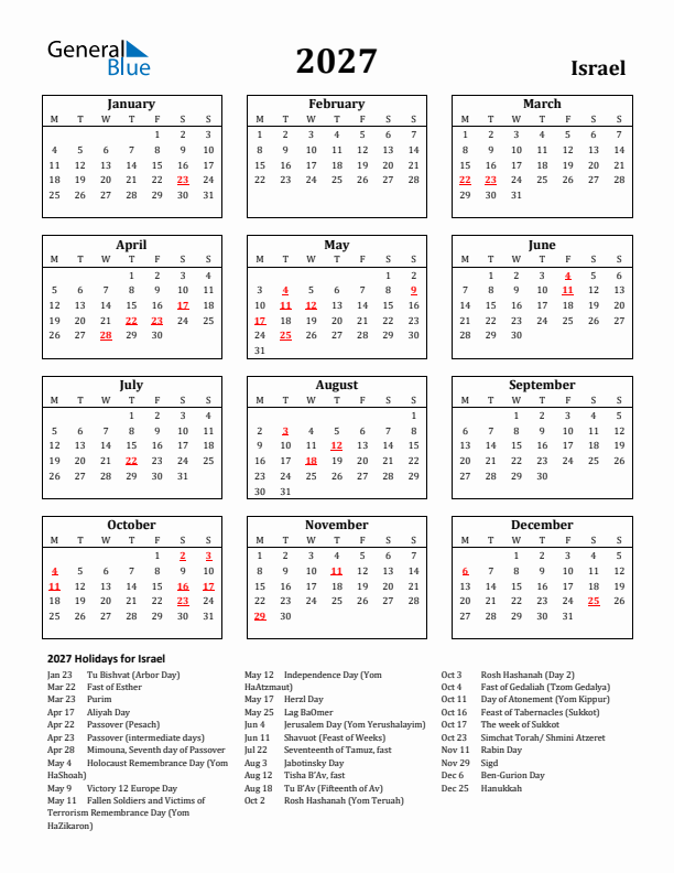 2027 Israel Holiday Calendar - Monday Start