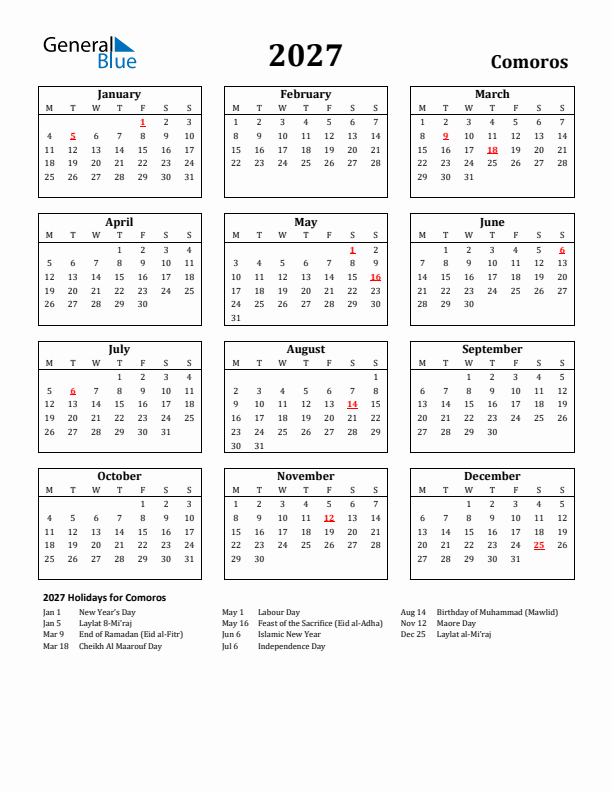 2027 Comoros Holiday Calendar - Monday Start