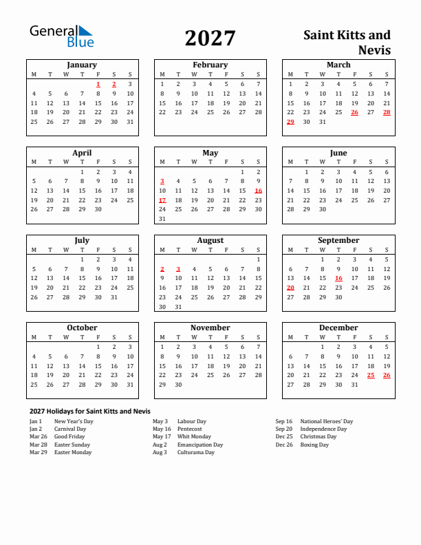 2027 Saint Kitts and Nevis Holiday Calendar - Monday Start