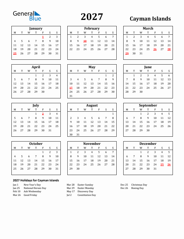 2027 Cayman Islands Holiday Calendar - Monday Start