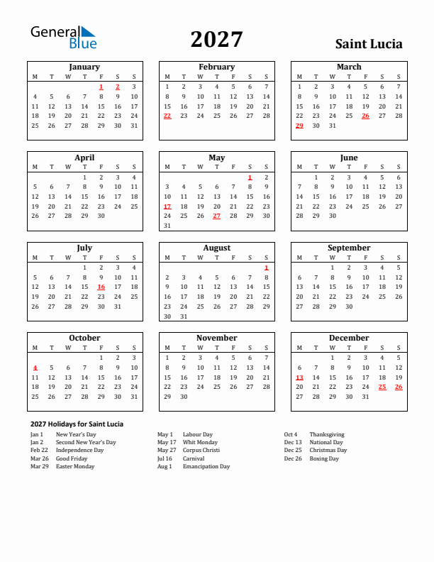 2027 Saint Lucia Holiday Calendar - Monday Start