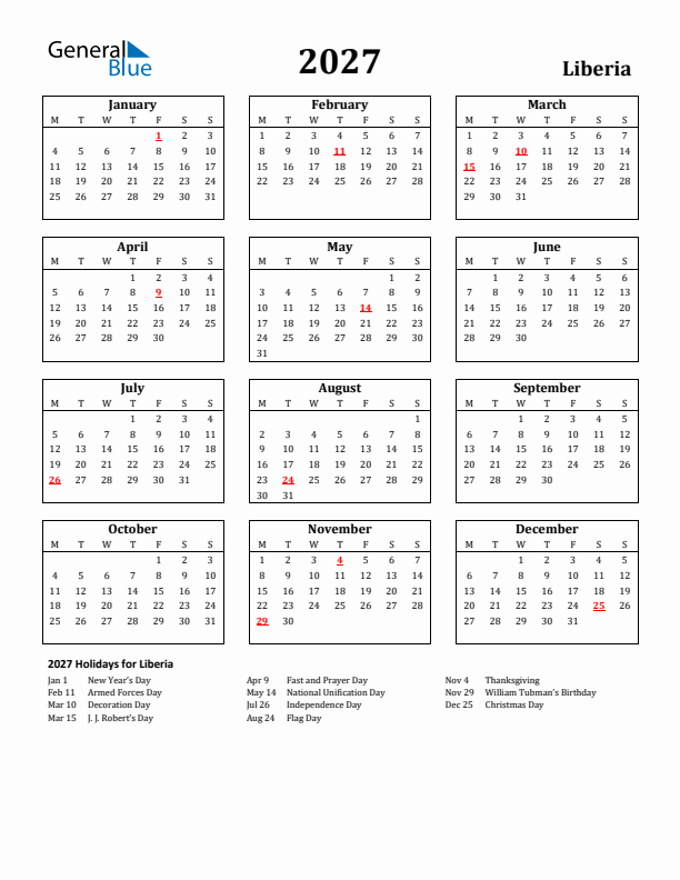 2027 Liberia Holiday Calendar - Monday Start