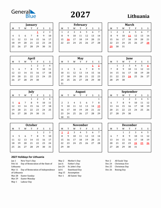 2027 Lithuania Holiday Calendar - Monday Start