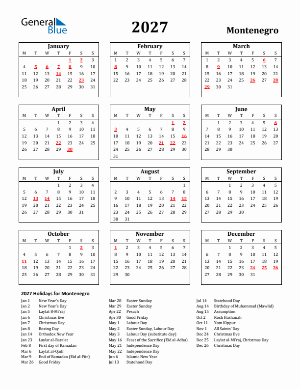 2027 Montenegro Holiday Calendar - Monday Start
