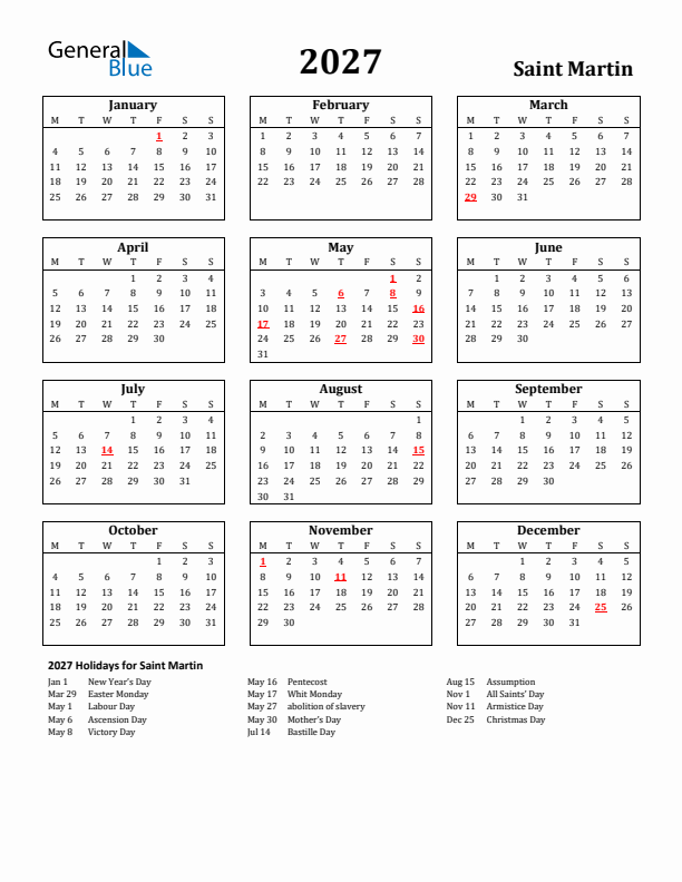2027 Saint Martin Holiday Calendar - Monday Start