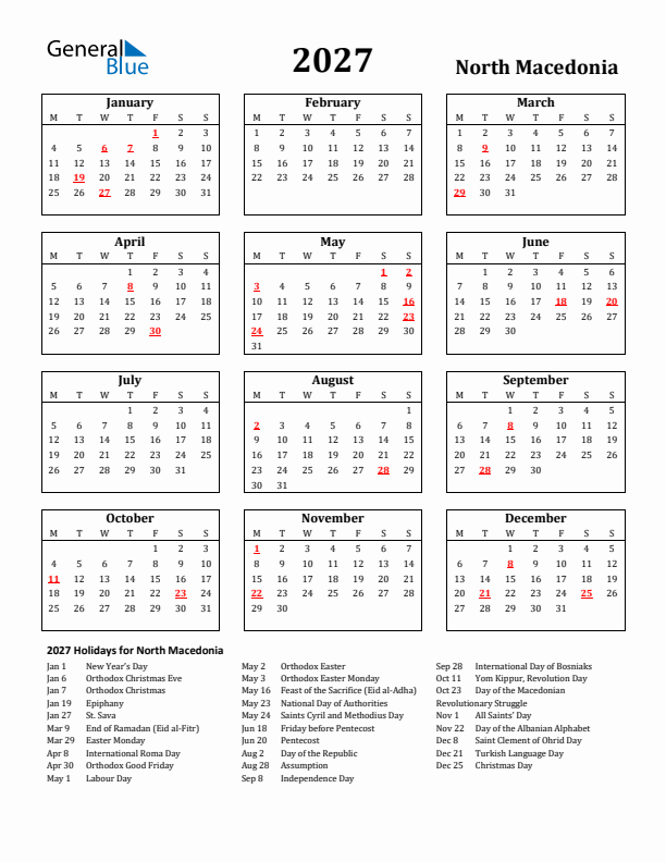 2027 North Macedonia Holiday Calendar - Monday Start