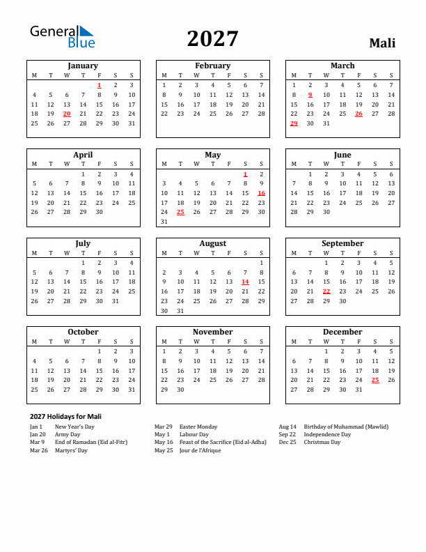 2027 Mali Holiday Calendar - Monday Start
