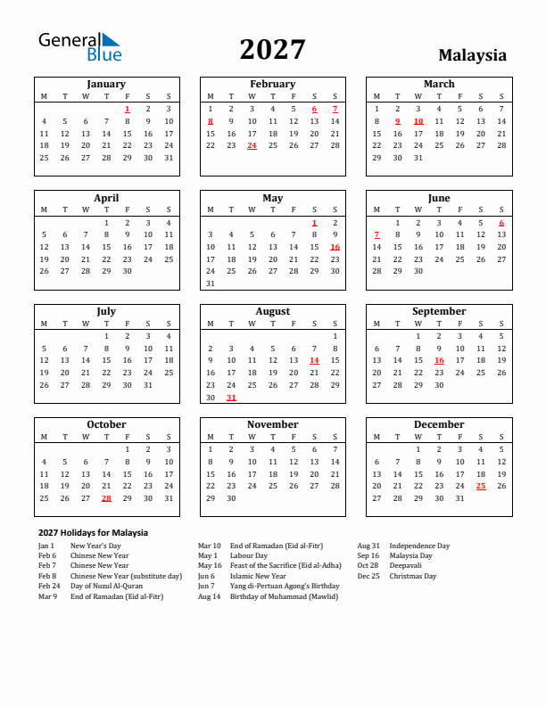 2027 Malaysia Holiday Calendar - Monday Start