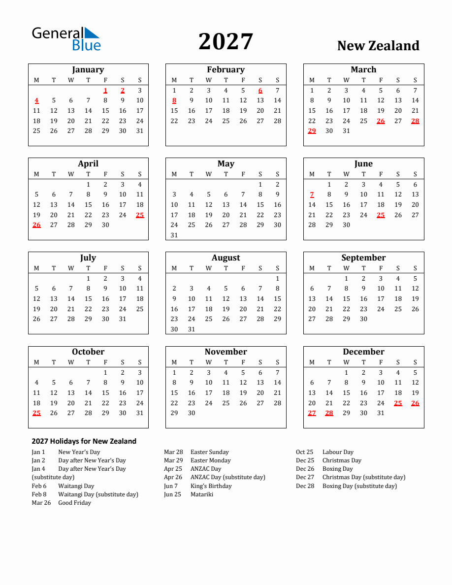 Free Printable 2027 New Zealand Holiday Calendar - Monday Start